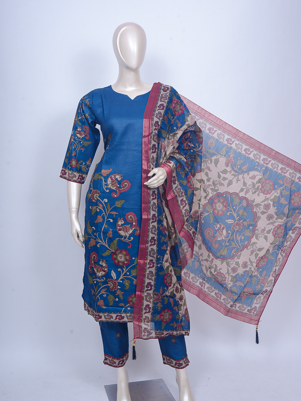 Blue Kalamkari print ready made kurti set with straight pants and contrasting cream floral dupatta