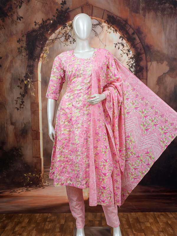 Pink floral cotton A-line kurti set with matching dupatta and striped pants