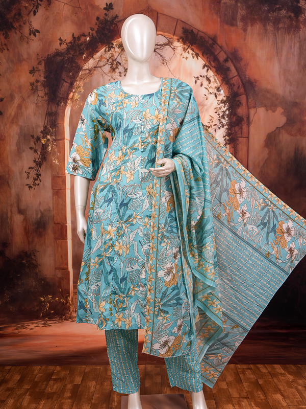 Turquoise floral printed cotton kurti set with matching pants and printed dupatta