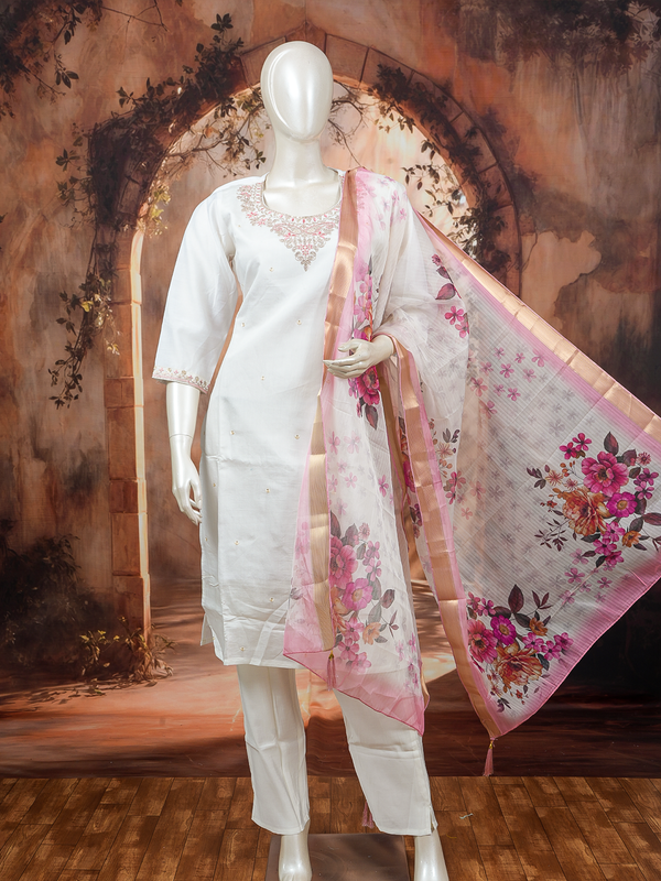 White cotton silk kurti set with zari embroidered neckline and pink floral printed dupatta