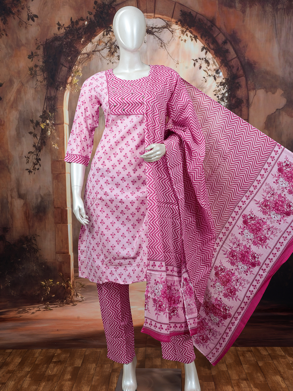 Pink floral cotton kurti set with magenta chevron yoke, straight pants and printed dupatta
