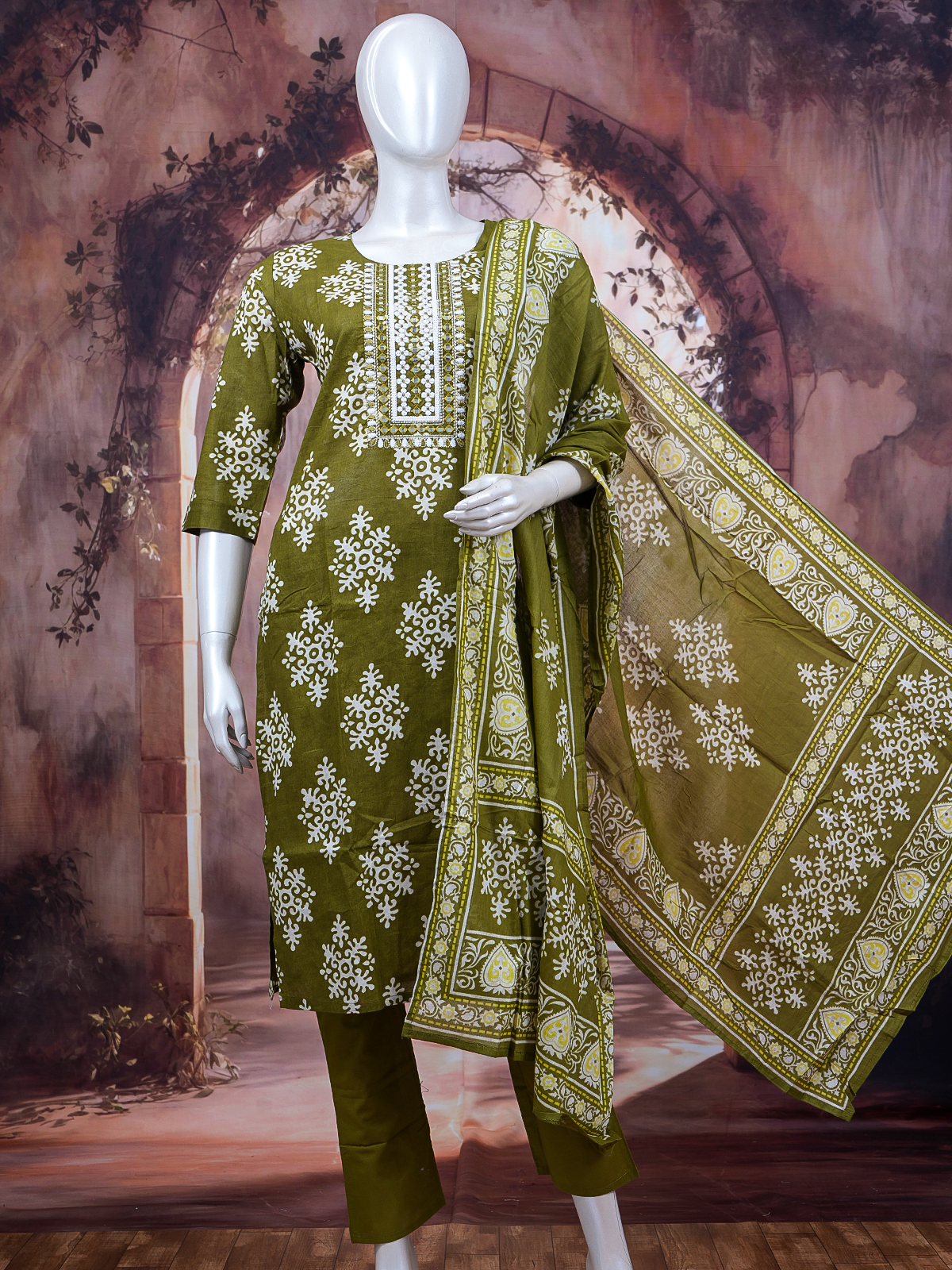 Olive green block print cotton kurti set with mirror work yoke, matching pants and printed dupatta
