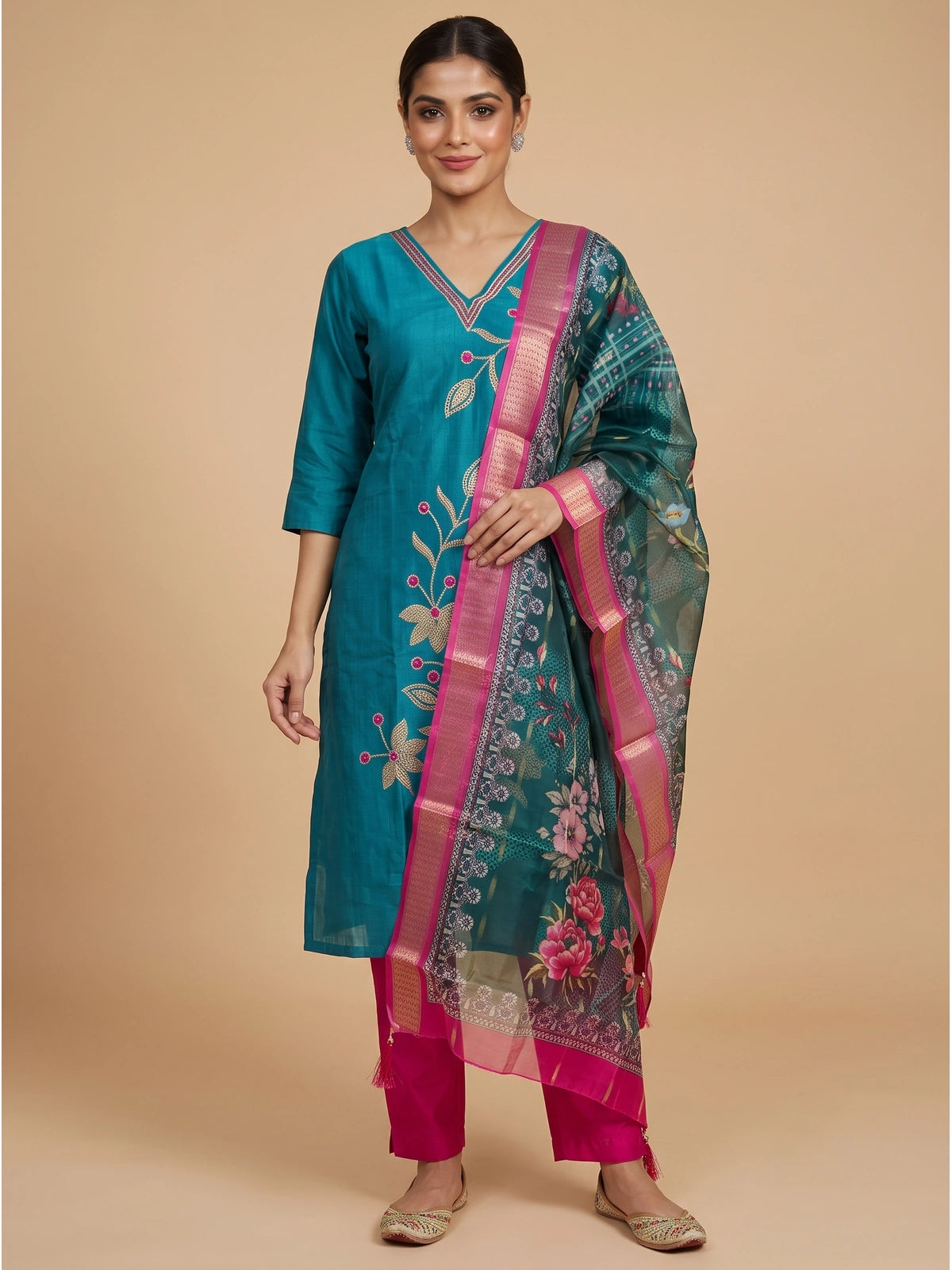 Teal blue embroidered kurti set with pink pants and floral organza dupatta