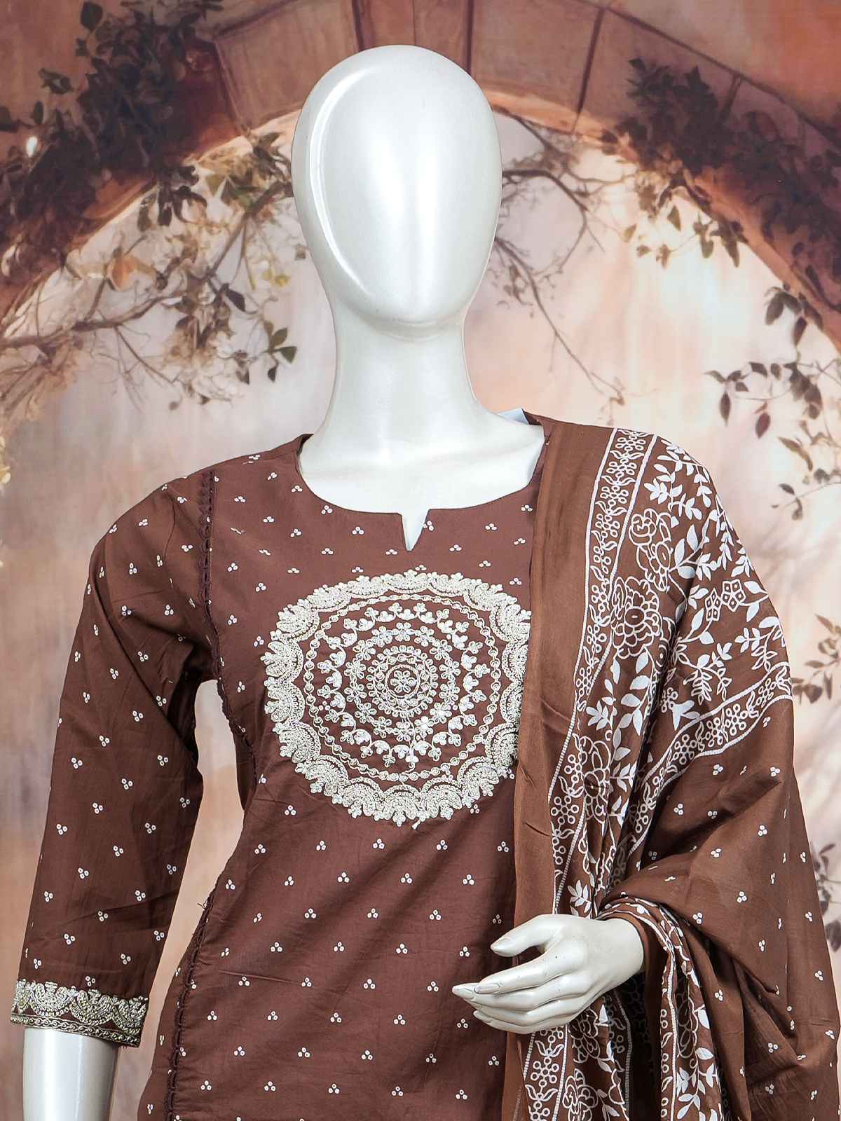 Brown cotton kurti set with white bandhani print, embroidered mandala yoke and matching printed dupatta