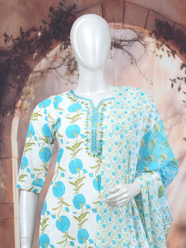 White and blue floral cotton kurti set with printed pants and dupatta
