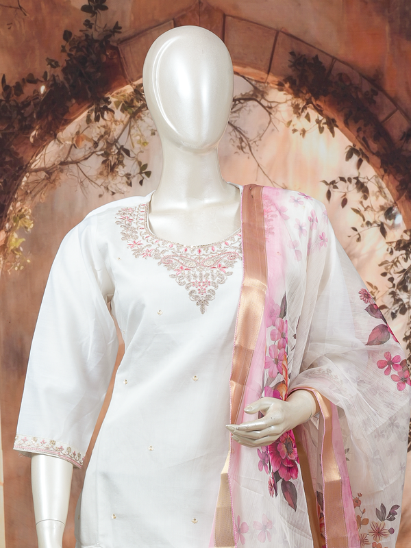 White cotton silk kurti set with zari embroidered neckline and pink floral printed dupatta