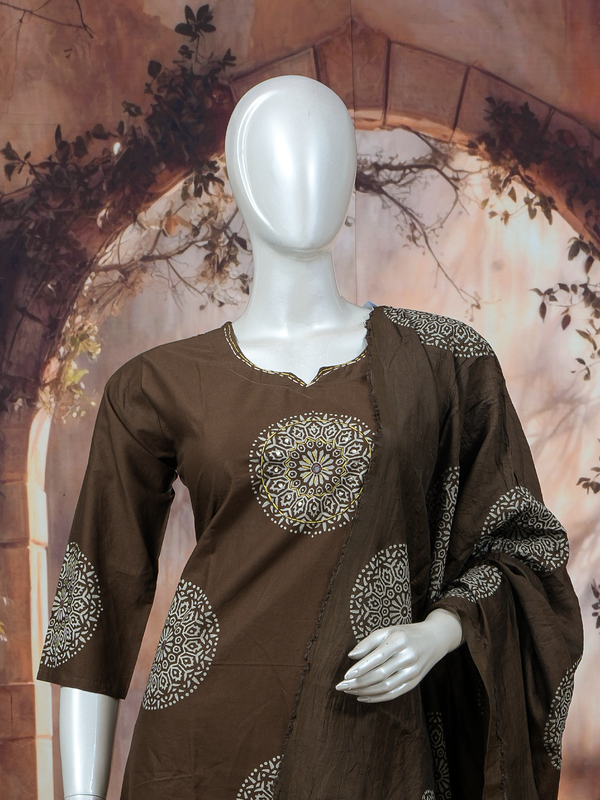 Brown block print cotton kurti set with cream mandala motifs and matching dupatta