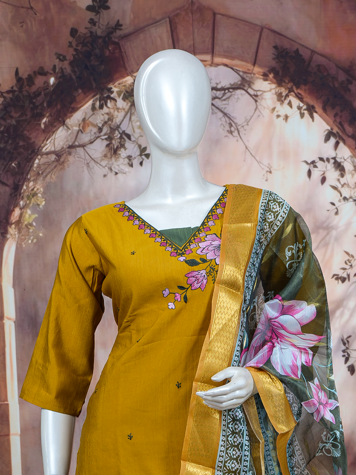 Mustard yellow floral embroidered ready made kurti set with green pants and olive floral organza dupatta