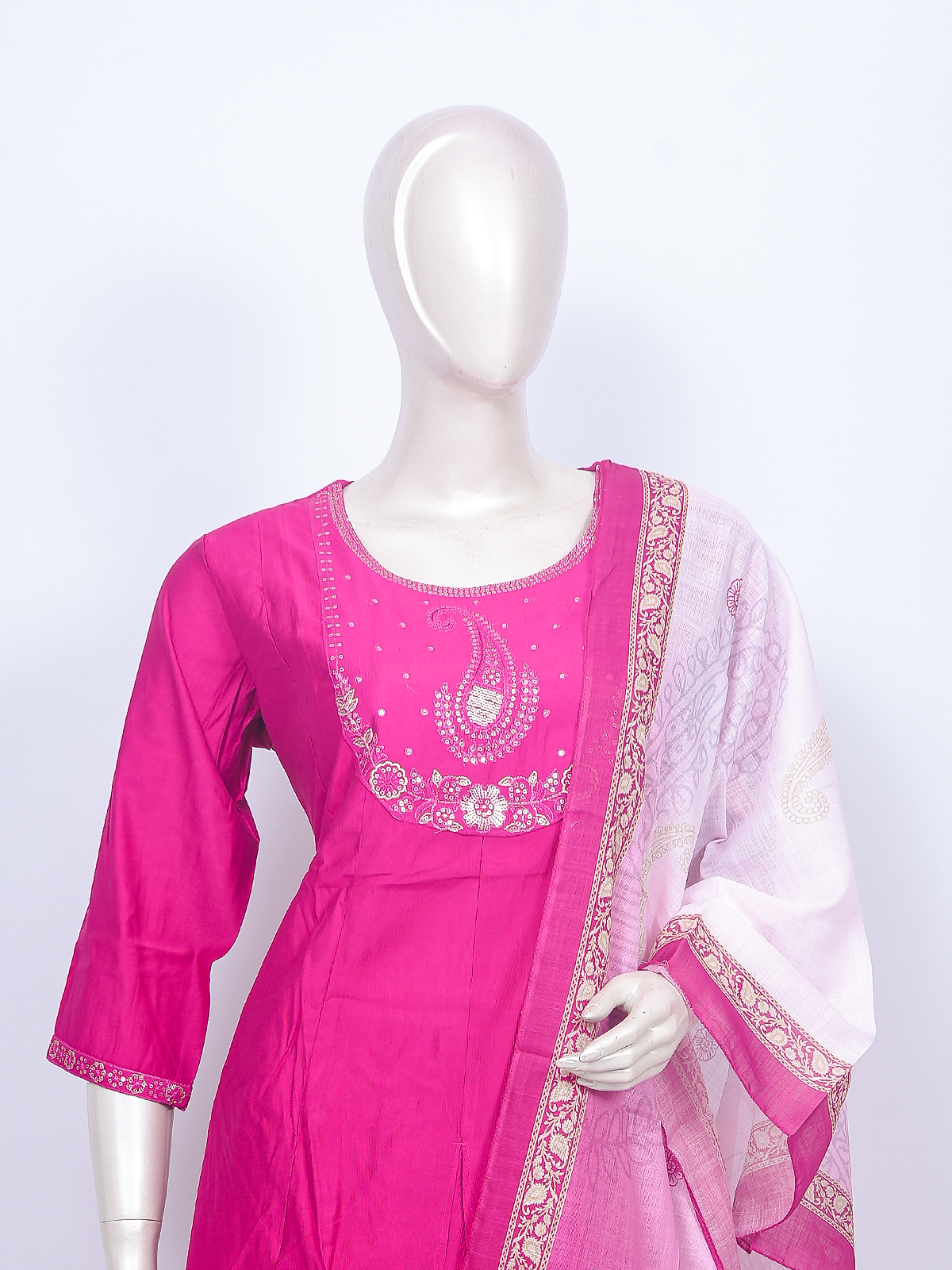 Rani pink embroidered kurti set with straight pants and ombre pink woven paisley dupatta