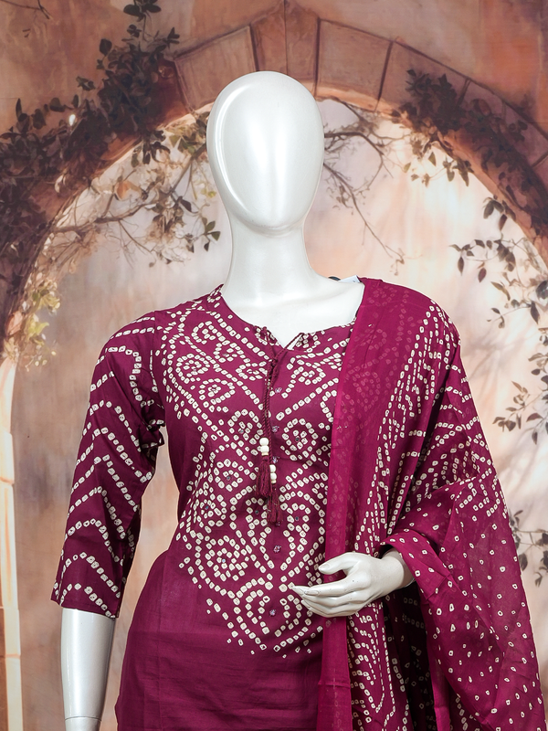 Wine and off-white Bandhani print cotton kurti set with matching pants and sheer dupatta