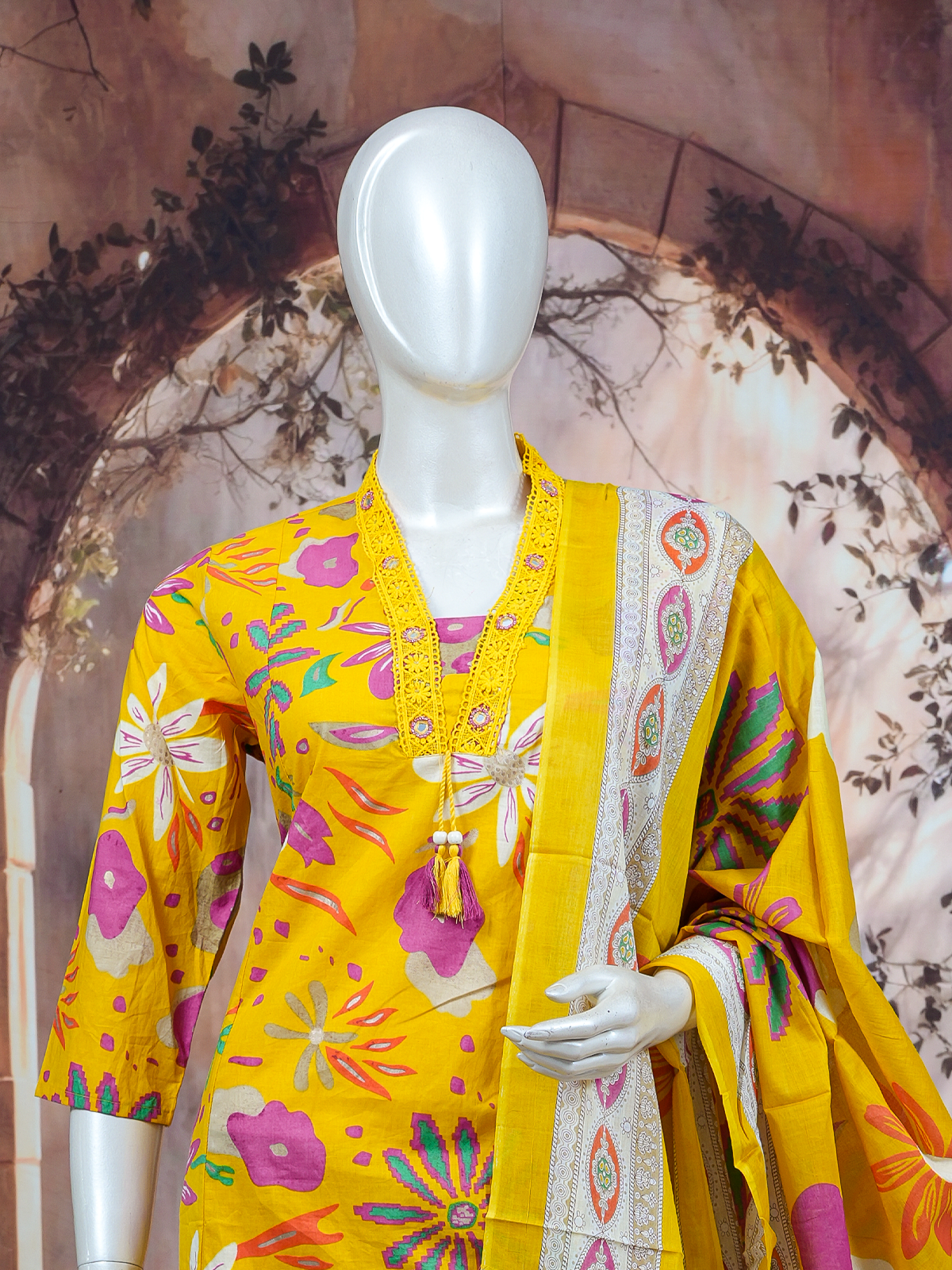 Yellow floral printed cotton kurti set with matching pants and printed dupatta