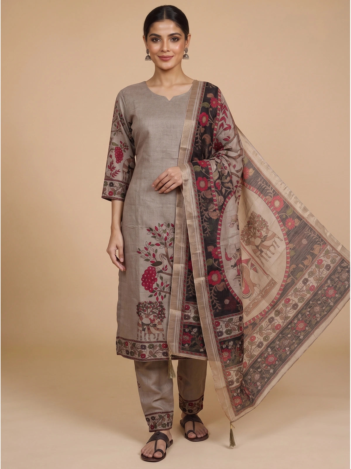 Beige Kalamkari printed kurti set with black figurative dupatta and straight pants