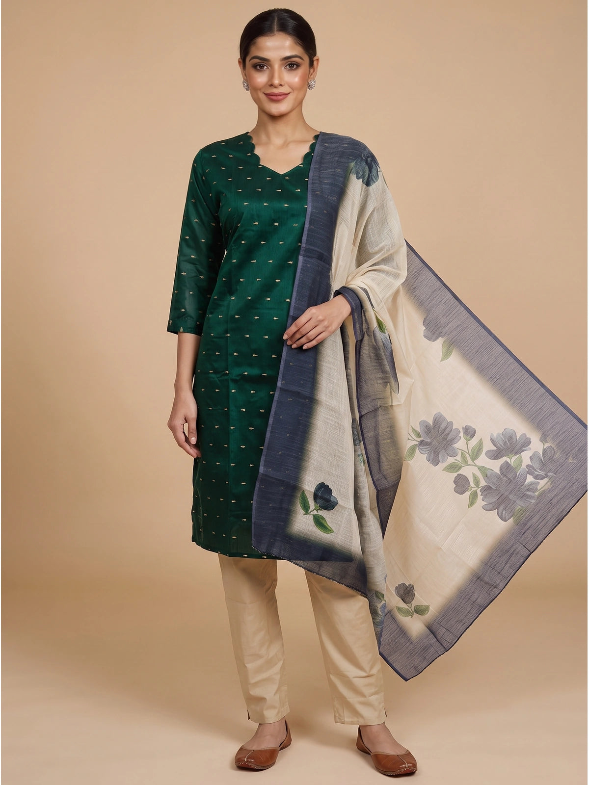 Bottle green zari butti kurti set with beige straight pants and cream floral printed dupatta