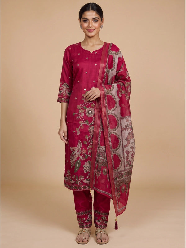 Rani pink embroidered art silk kurti set with straight pants and Kalamkari printed dupatta