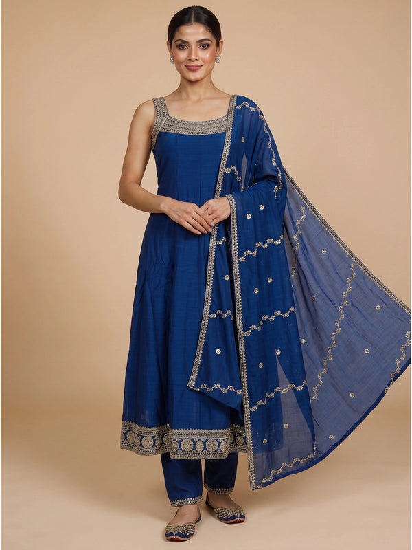 Royal Blue sleeveless A-line kurti set with gold Zari embroidery and matching dupatta