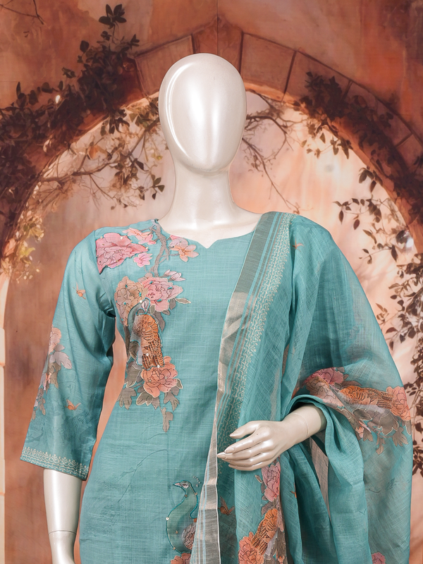 Teal blue floral and peacock printed kurti set with straight pants and matching printed dupatta