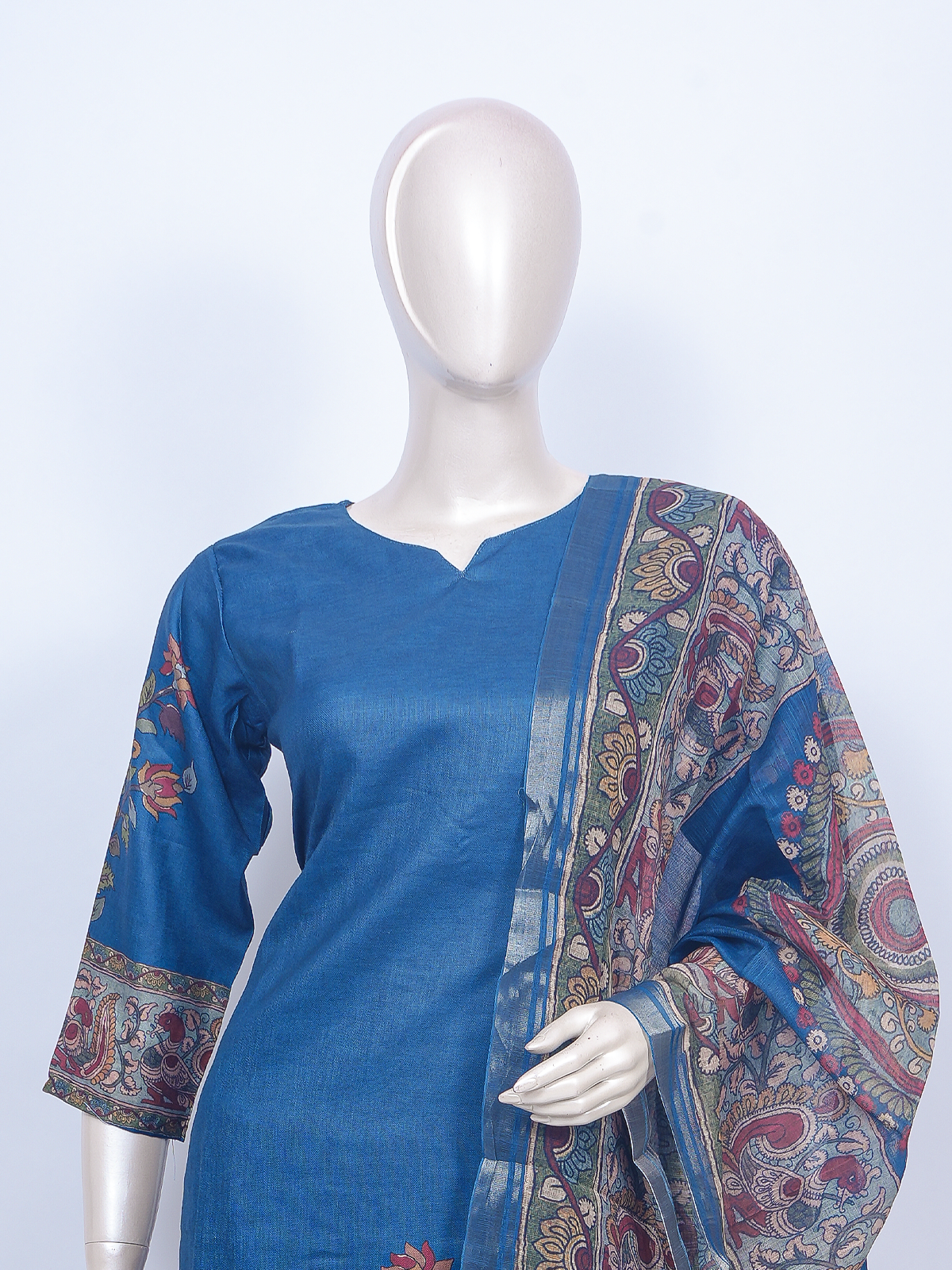 Teal Blue Kalamkari print kurti set with straight pants and multicolour peacock motif dupatta