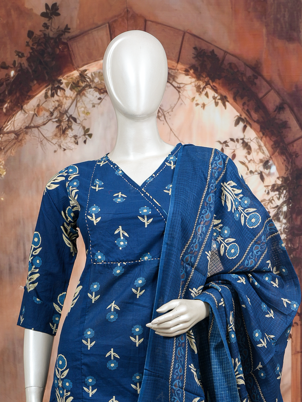 Indigo blue floral block print cotton kurti set with matching pants and printed border dupatta