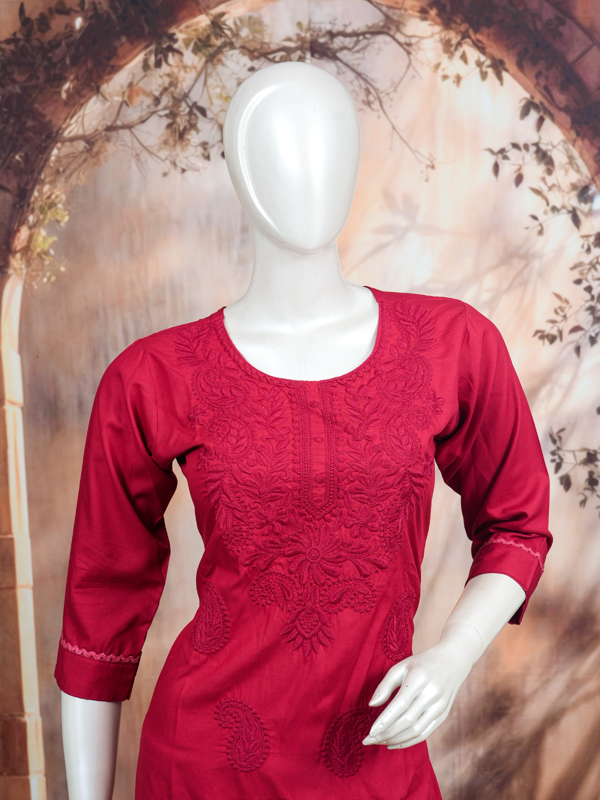 Rani Red embroidered cotton kurti set with matching straight pants
