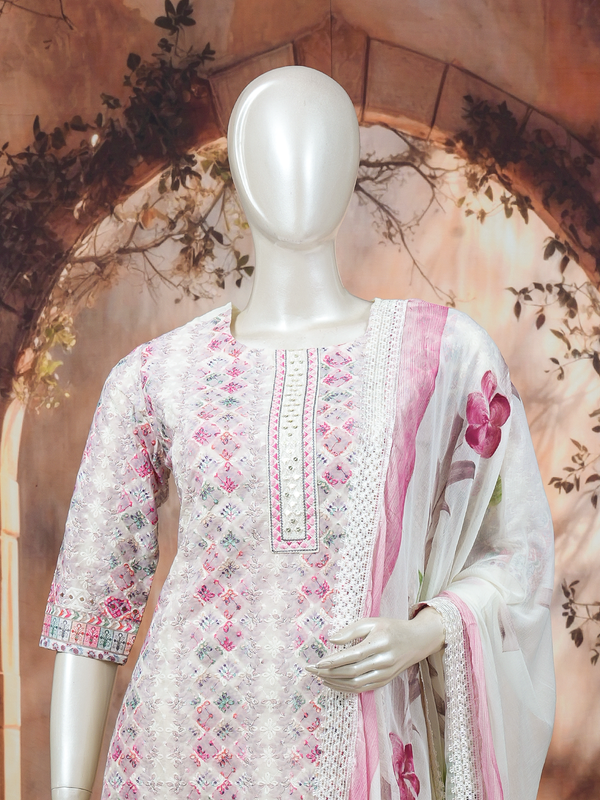 Off-white kurti set with pink multicolour floral embroidery and a floral-print lace-border dupatta