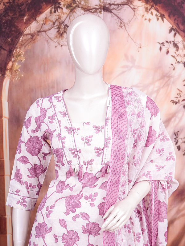 White and mauve floral cotton kurti set with matching pants and printed dupatta