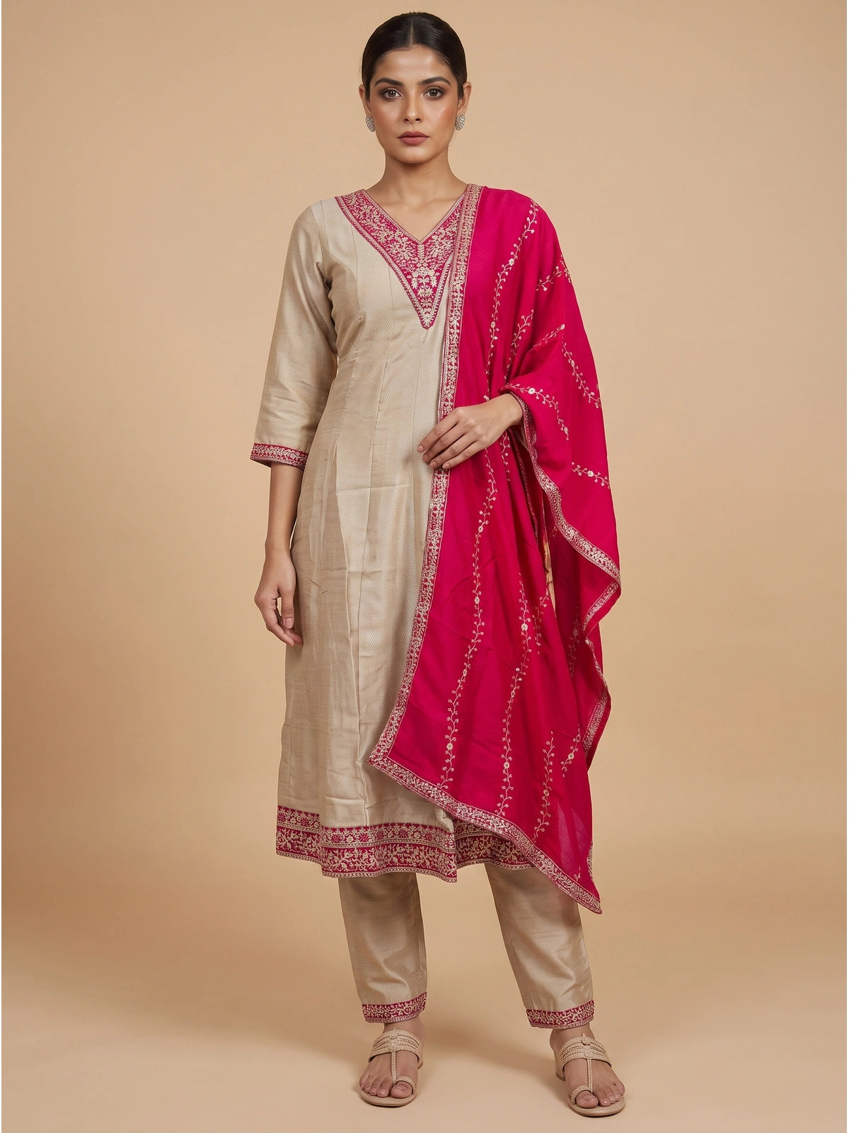 Beige embroidered kurti set with rani pink zari dupatta and straight pants
