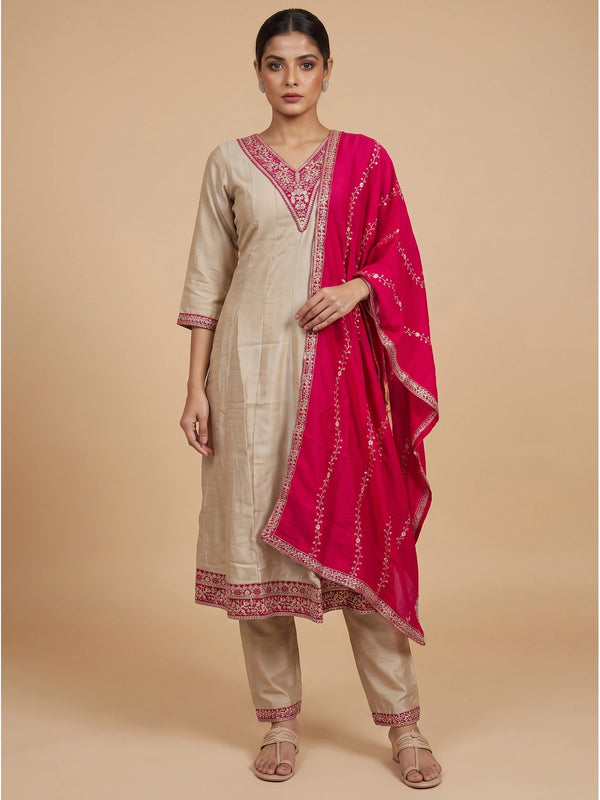Beige embroidered kurti set with rani pink zari dupatta and straight pants