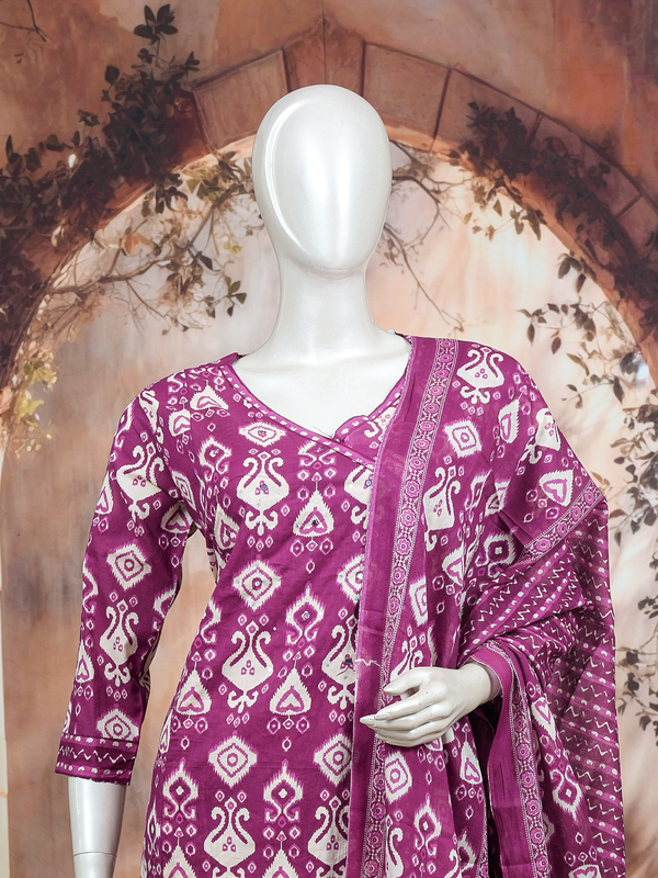 Purple and white ikat print cotton kurti set with matching pants and dupatta