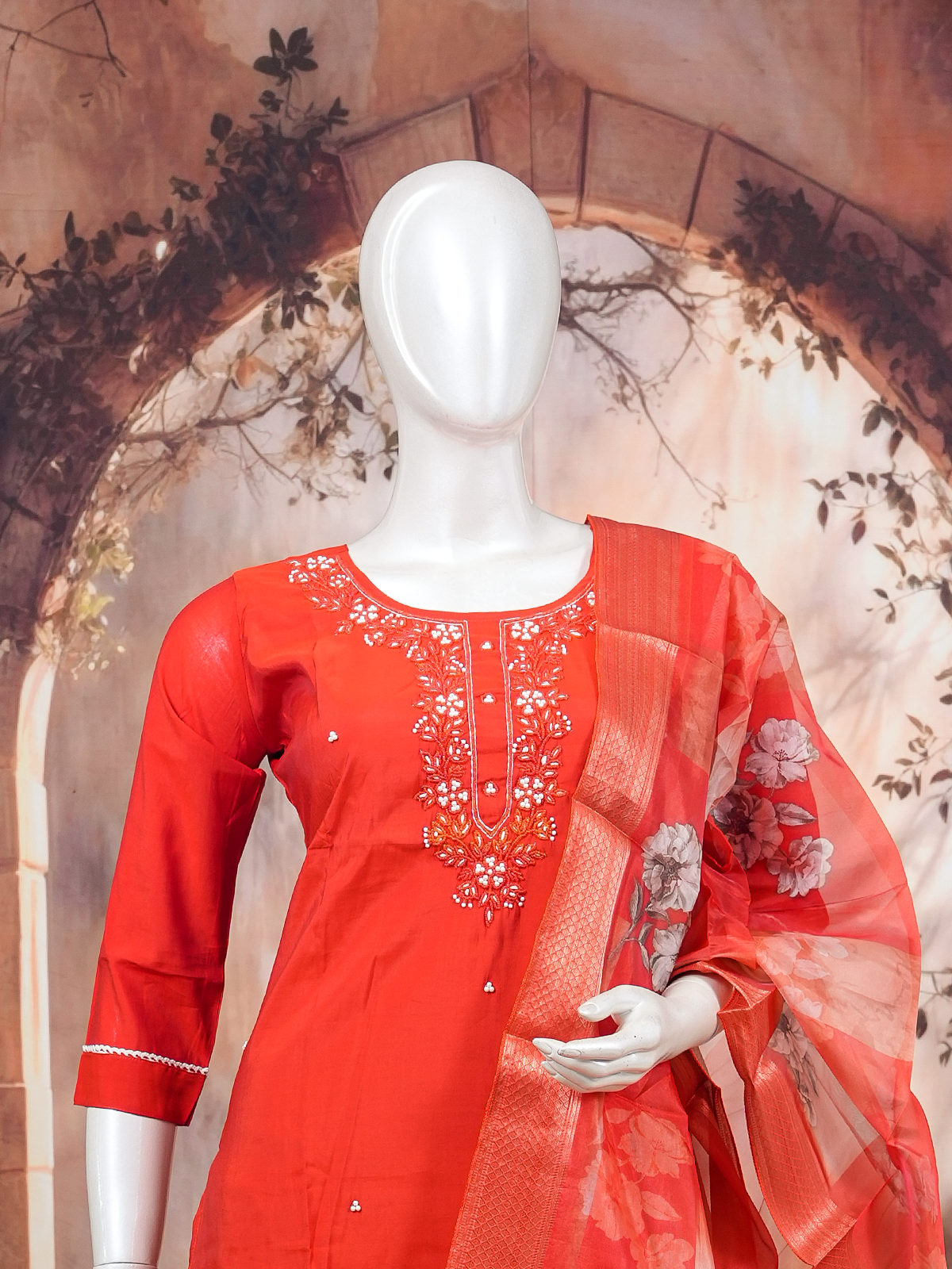 Red embroidered kurti set with straight pants and floral organza dupatta