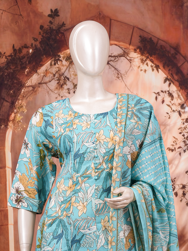 Turquoise floral printed cotton kurti set with matching pants and printed dupatta