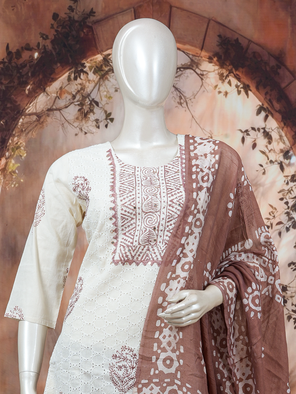 Cream schiffli cotton kurti set with brown batik-print dupatta and straight-fit pants
