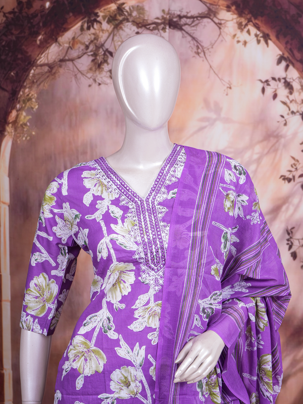 Purple floral cotton kurti set with mirror work neckline, striped pants and printed dupatta