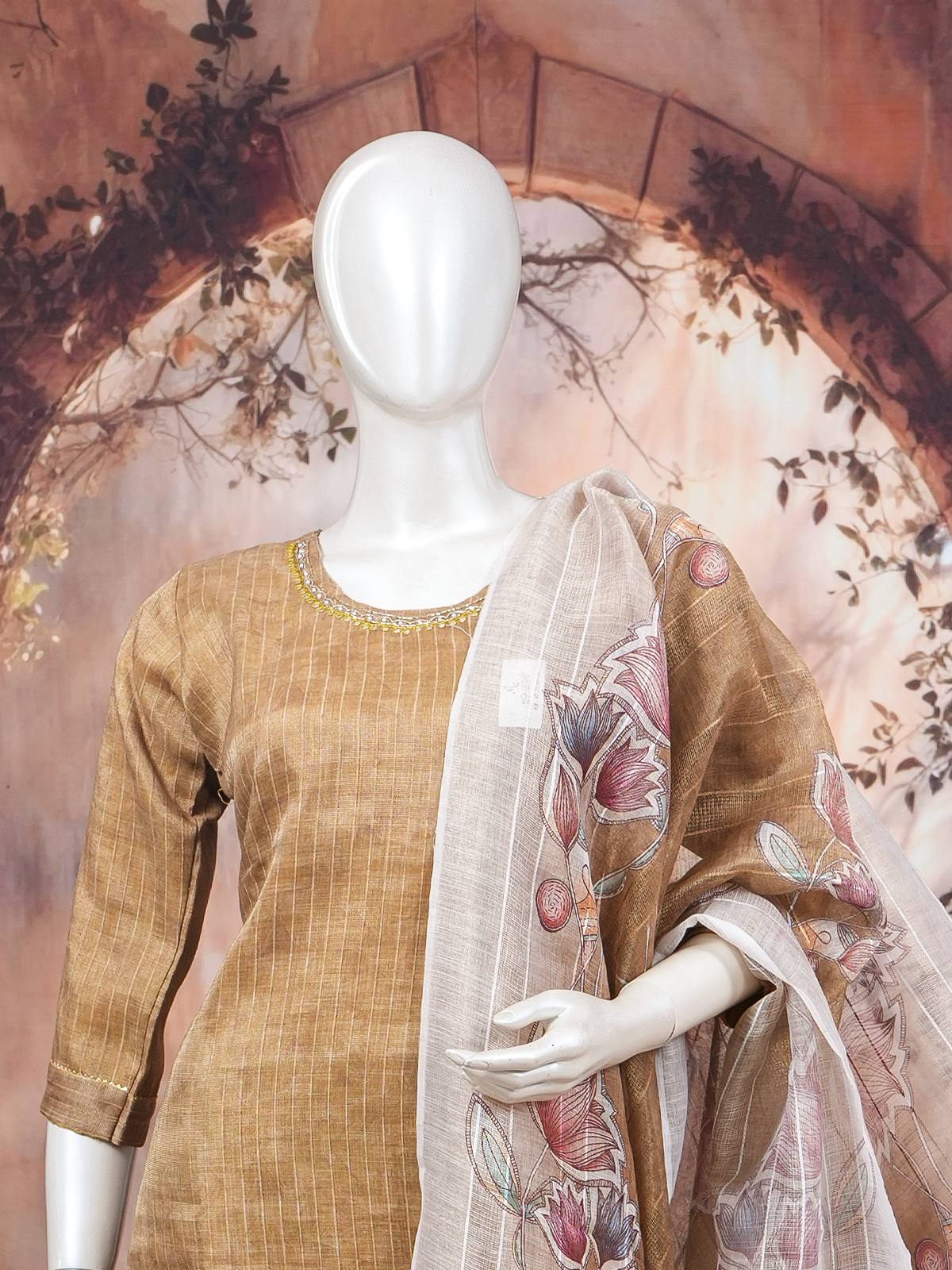Brown textured kurti set with embellished neckline, straight pants and floral printed off-white dupatta