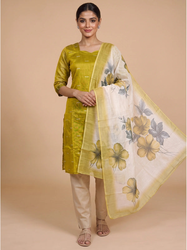 Mustard green textured silk kurti set with zari butis, beige straight pants and floral print cream dupatta