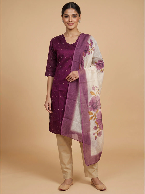 Purple zari butti kurti set with floral cream dupatta and beige straight pants