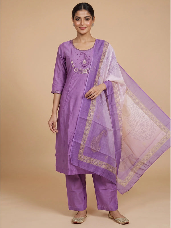 Lavender paisley embroidered kurti set with straight pants and gold border dupatta