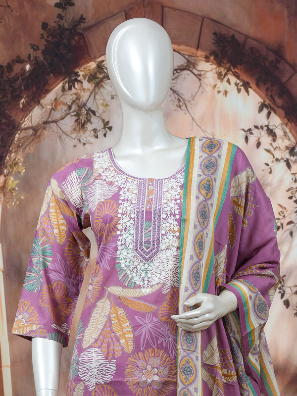 Mauve floral printed cotton kurti set with white embroidered yoke, straight pants and printed dupatta