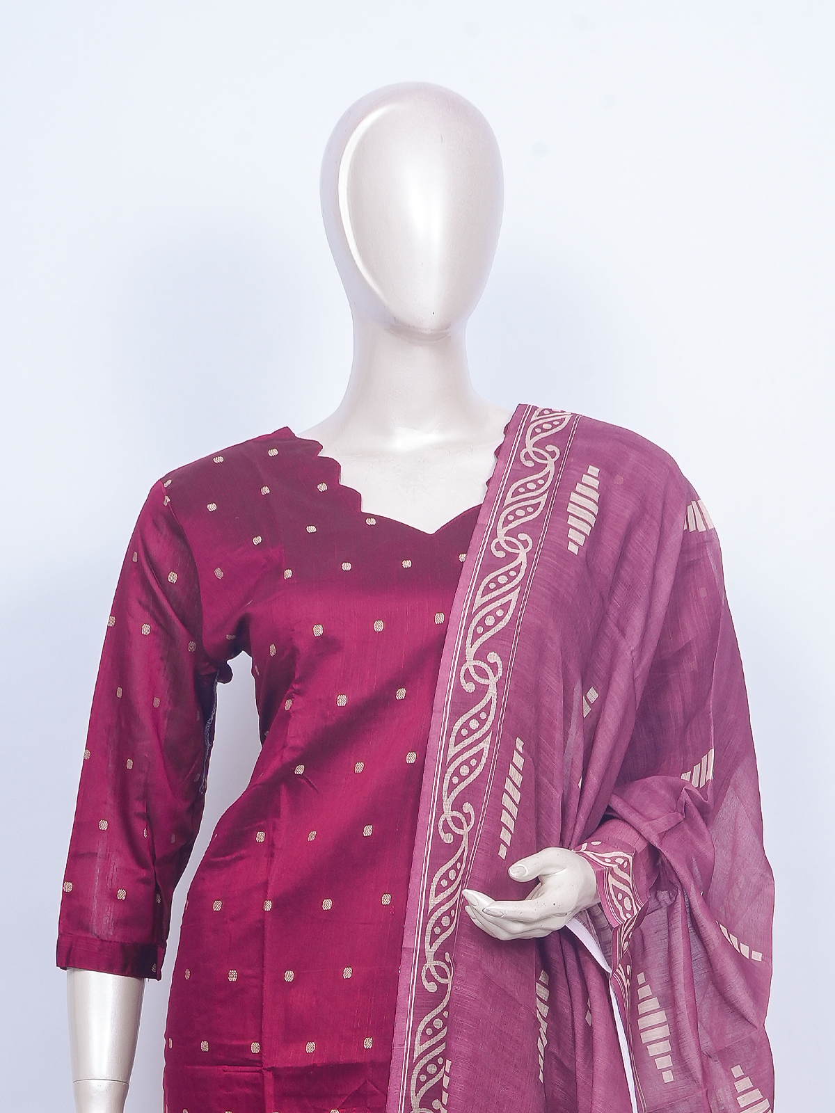 Wine buti woven kurti set with beige pants and printed ethnic dupatta