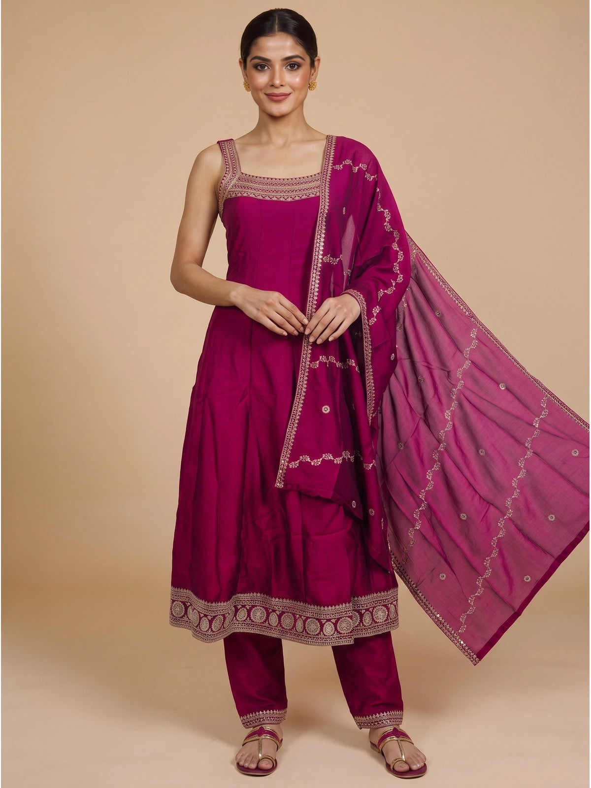 Rani Pink zari embroidered sleeveless A-line kurti set with straight pants and matching embroidered dupatta