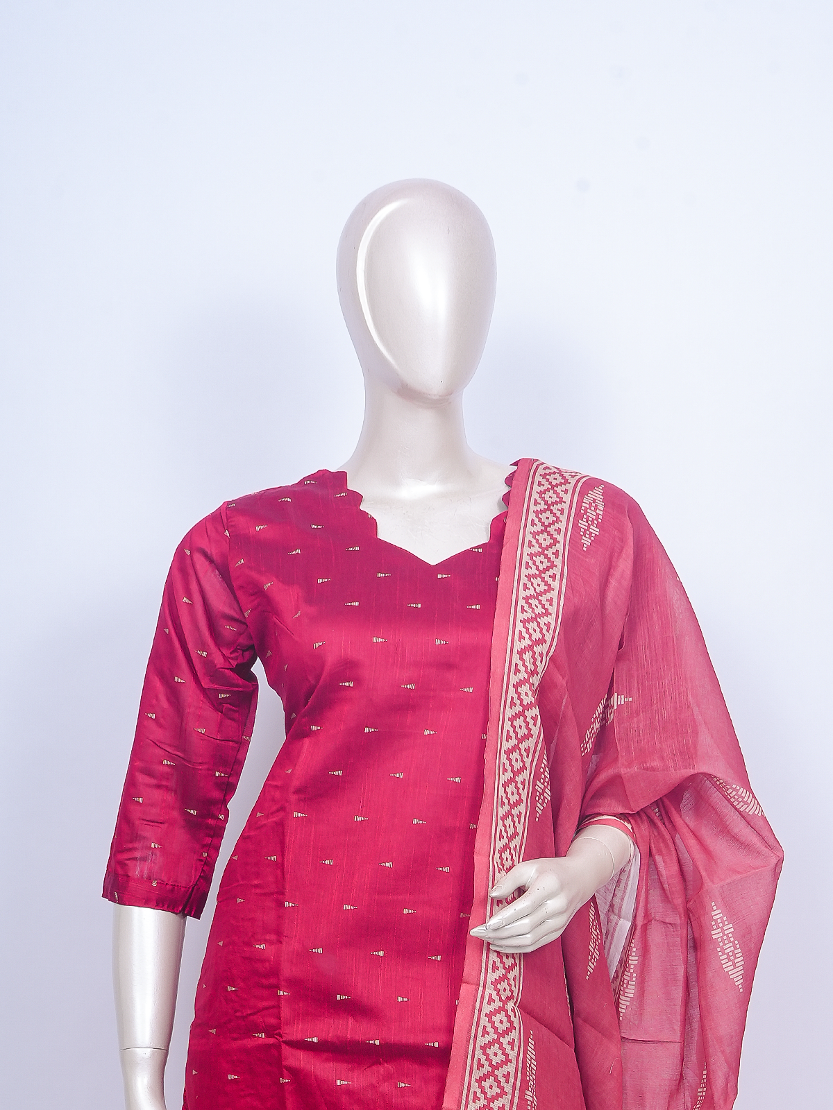Rani pink zari buti ready made kurti set with matching dupatta and beige straight pants