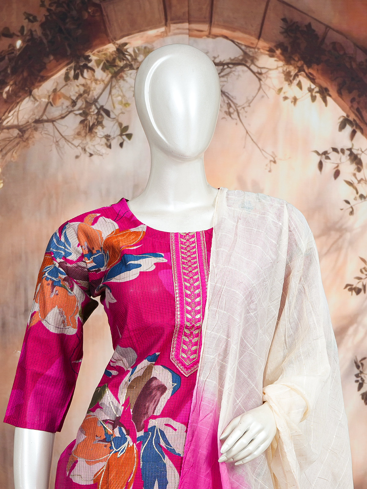 Magenta pink floral printed kurti set with straight pants and cream ombre ikat dupatta
