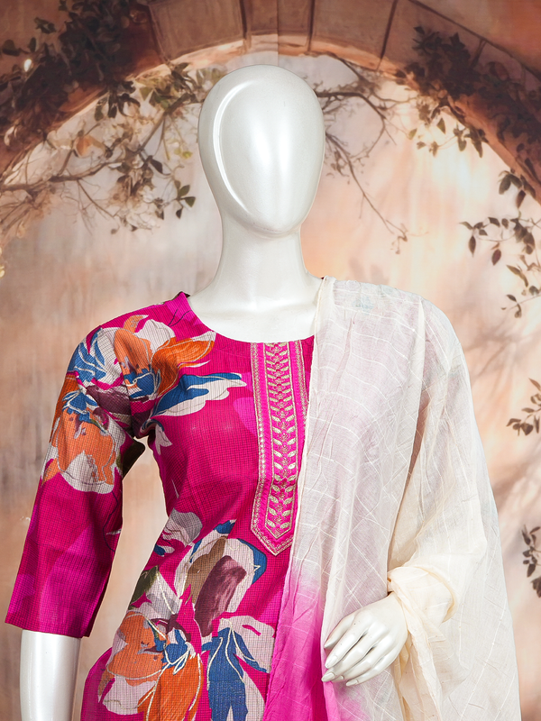 Magenta pink floral printed kurti set with straight pants and cream ombre ikat dupatta