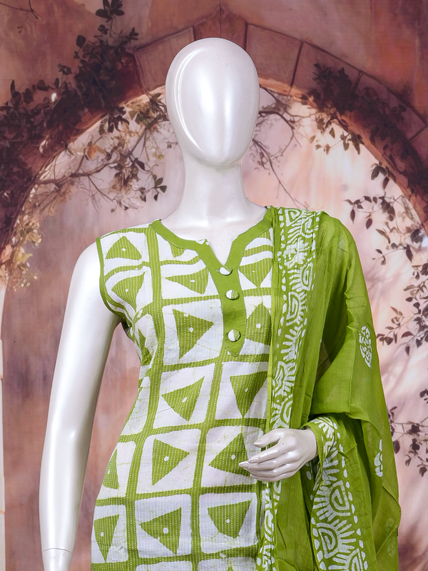 Green and white batik print cotton kurti set with straight pants and printed dupatta