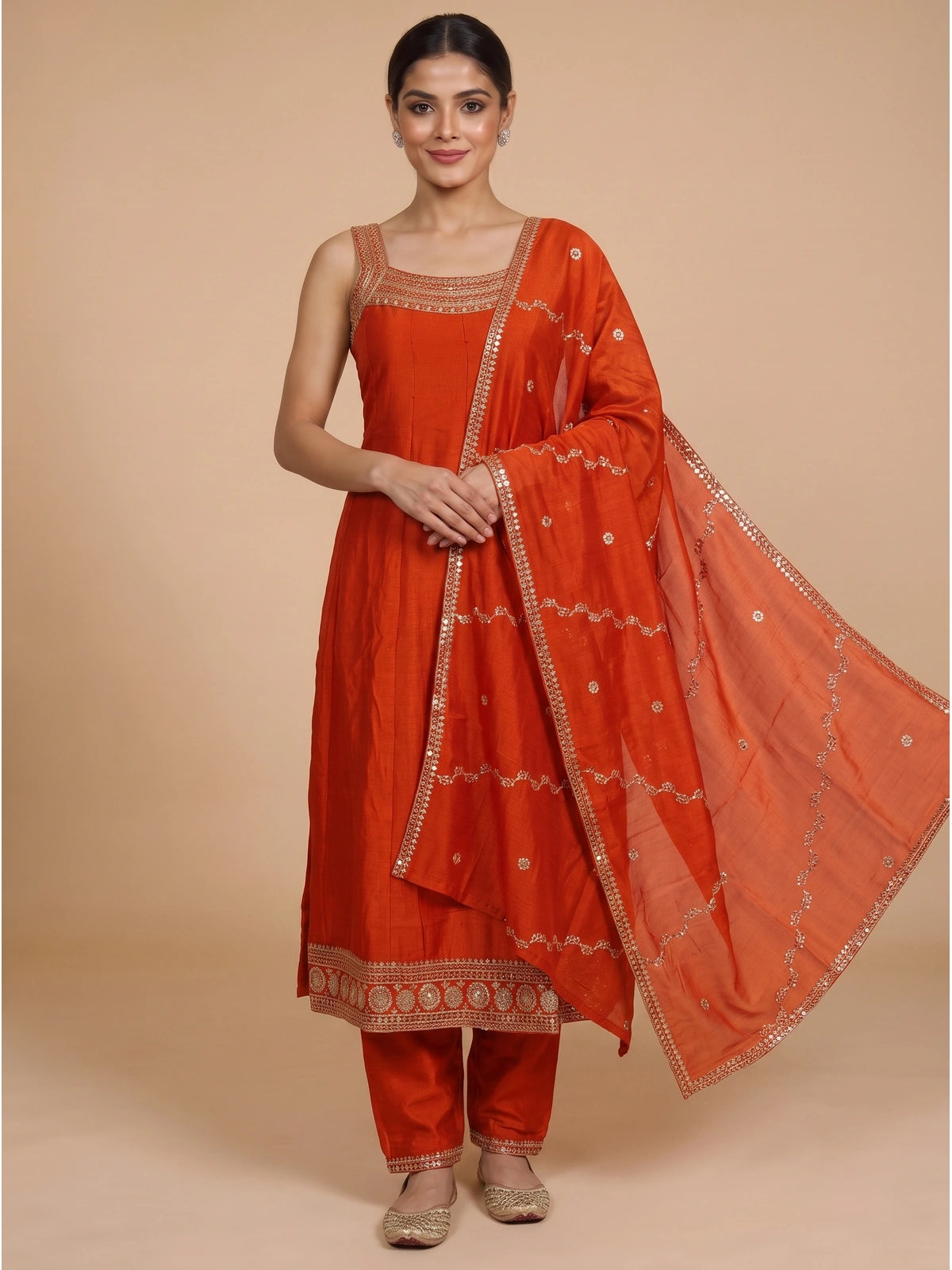 Orange embroidered art silk sleeveless kurti set with matching dupatta and straight pants