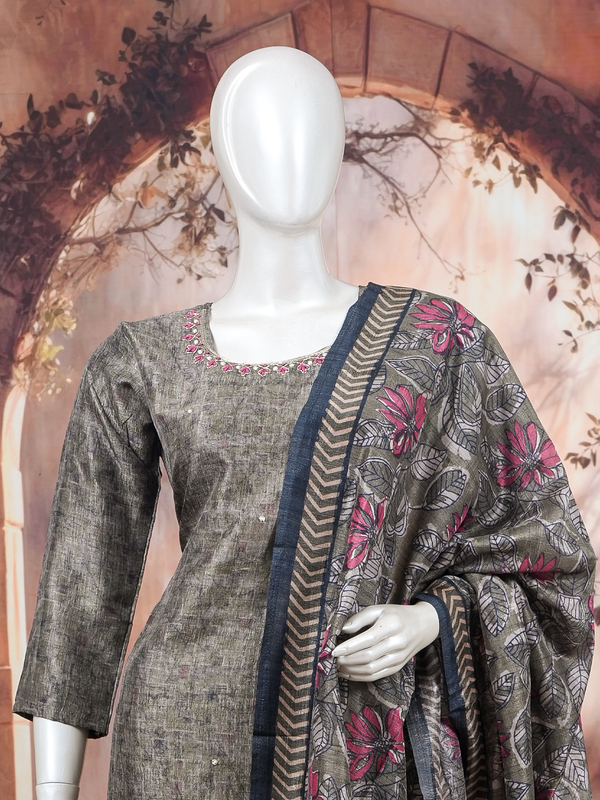 Grey art silk kurti set with embroidered neckline and pink floral printed dupatta