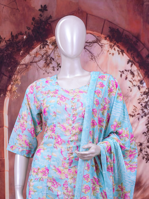 Sky blue pink floral cotton kurti set with matching dupatta and striped pants