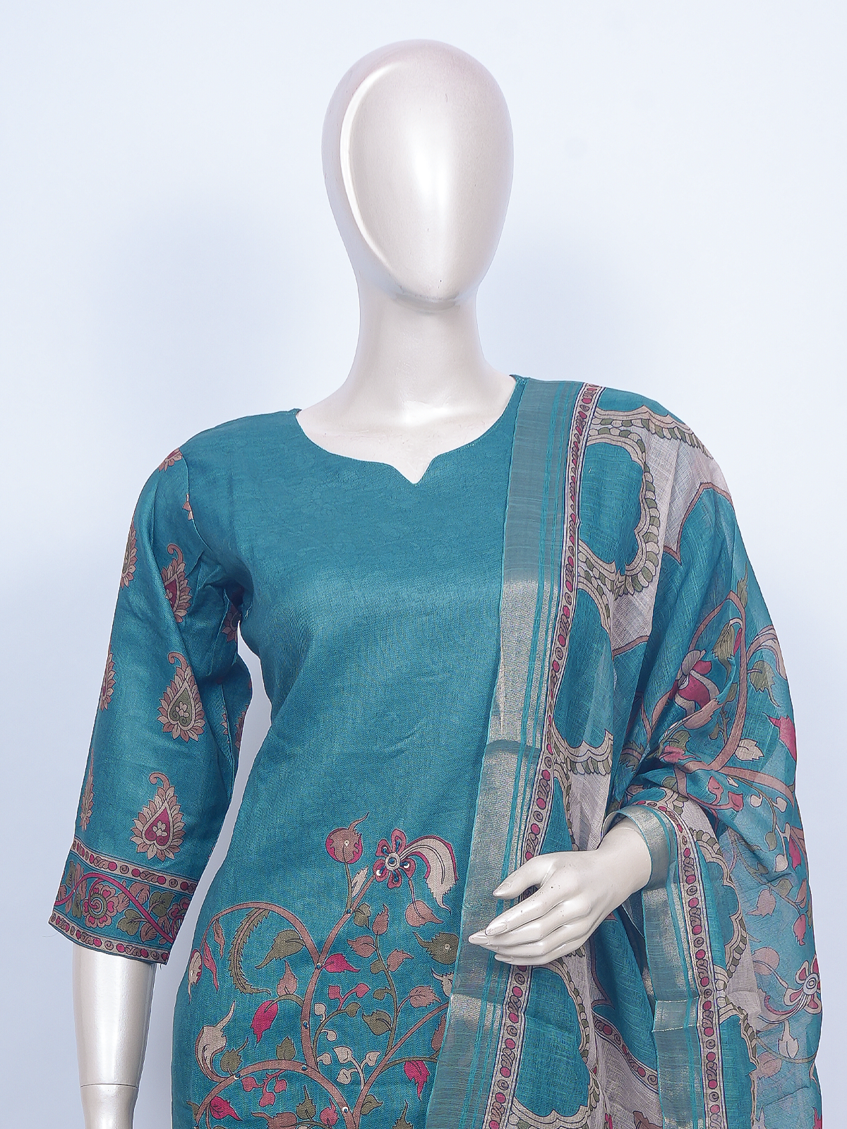 Teal blue Kalamkari print art silk kurti set with matching pants and printed dupatta