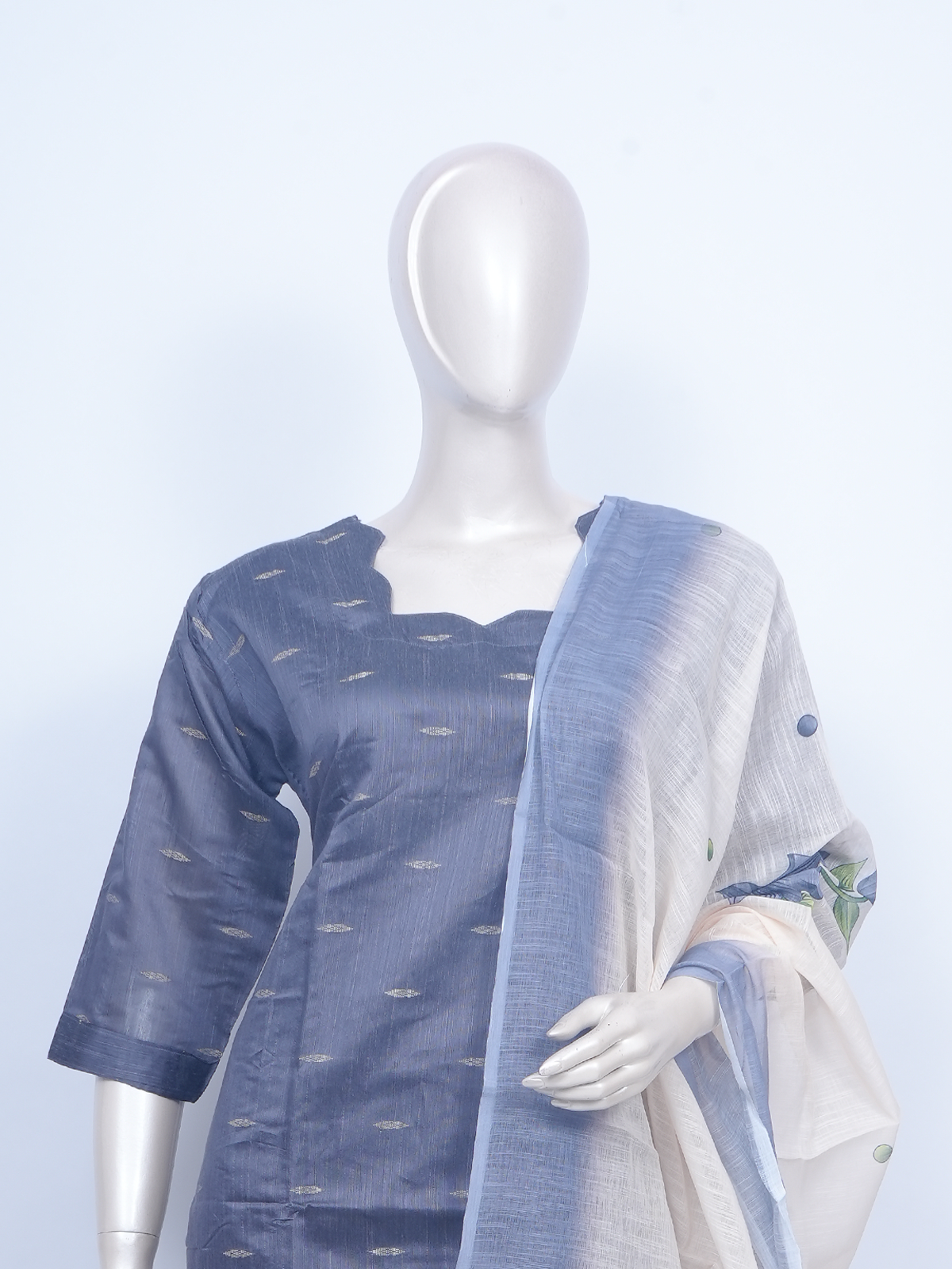Blue-grey zari butti kurti set with cream pants and off-white floral print dupatta