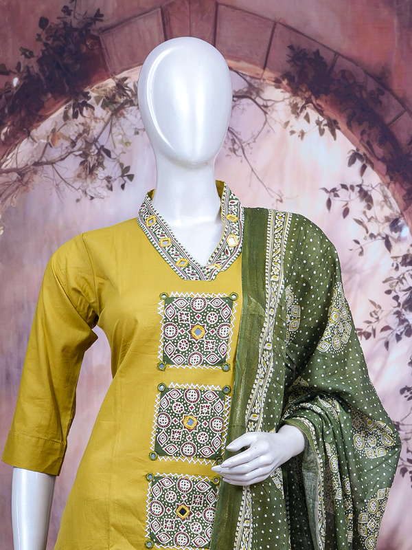 Mustard yellow cotton kurti set with mirror work embroidery and olive green printed dupatta