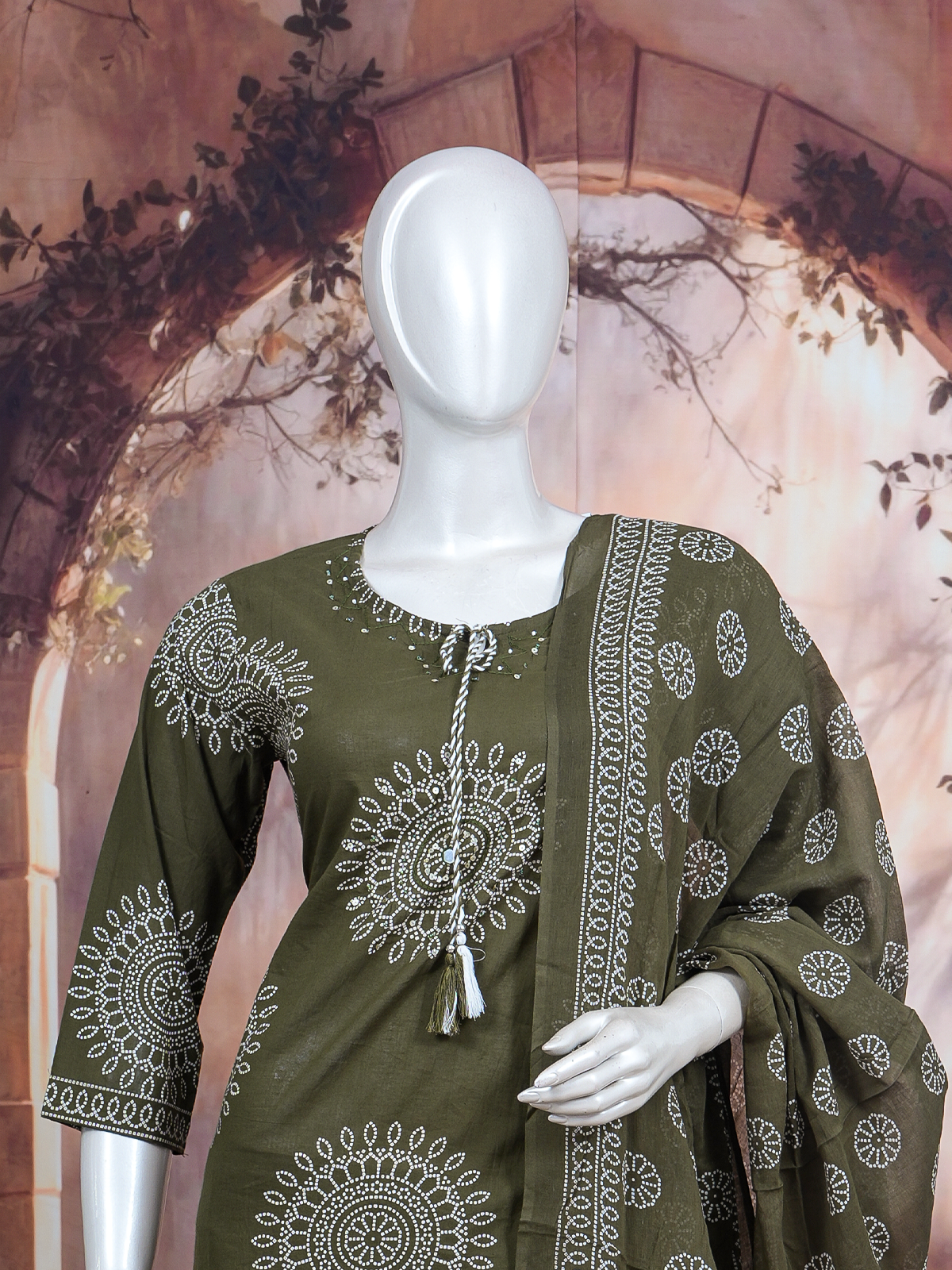 Olive green bandhani print cotton kurti set with matching palazzo pants and printed dupatta